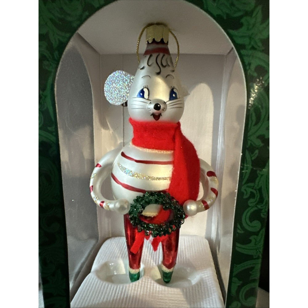 Mistletoe Magic European‎ Style Glass Handblown Mouse Ornament NIB 6.5" Tall